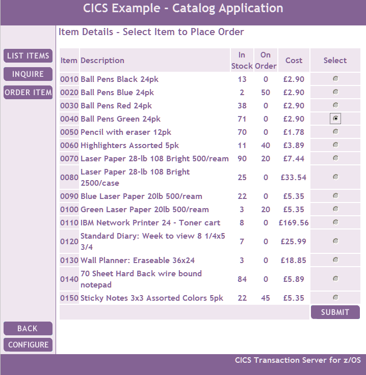 CICS 示例应用程序的 LIST ITEMS 页面