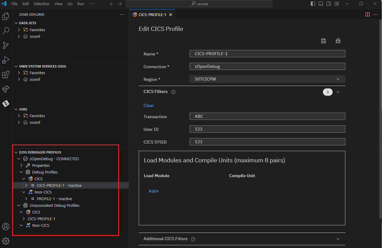“z/OS Debugger 概要文件”视图