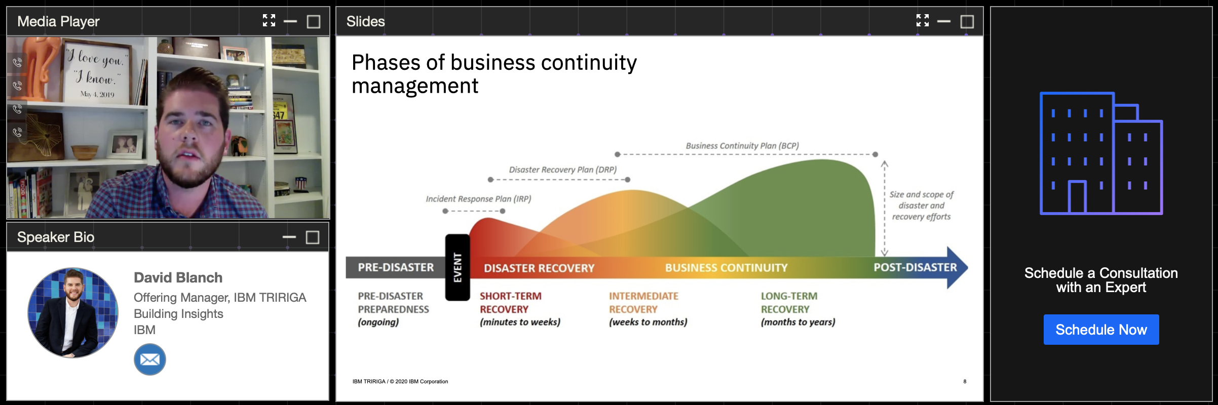 Screenshot of David Blanch giving an online presentation about business continuity management