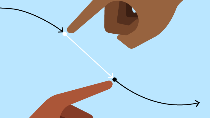 Ilustración de dos manos que señalan puntos blancos y negros en una línea curva interconectada