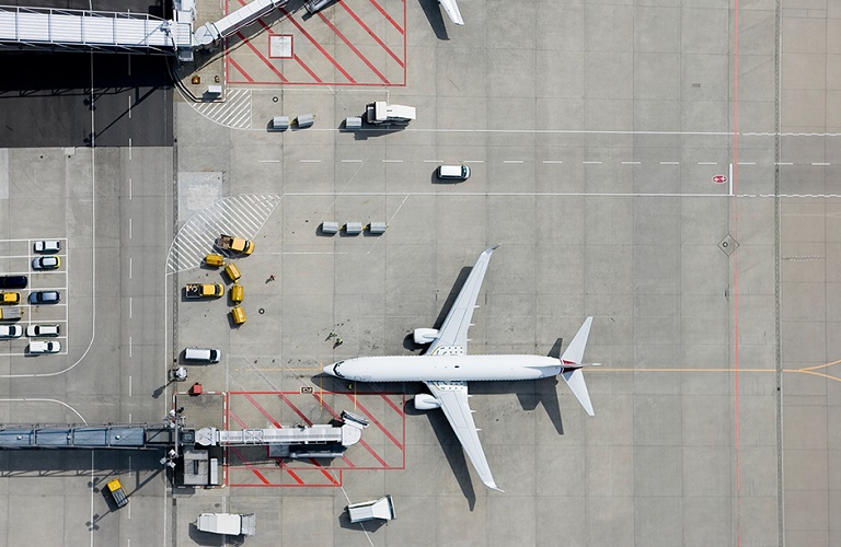  Aerial view of a parked airplane.