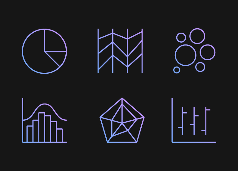Six illustrations on black background of types of analytical graphs that represent data