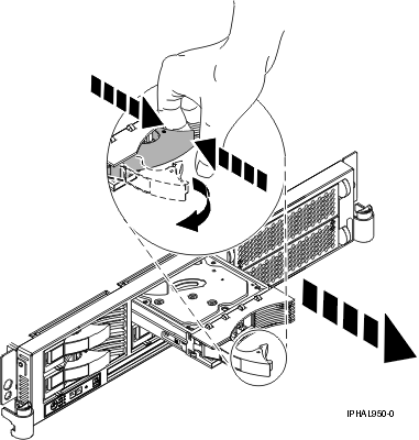 Graphic of removing a disk drive from the system unit.