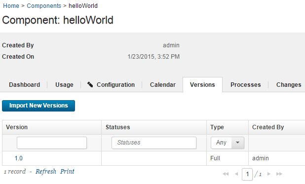 The first version of the new component is shown on the Versions tab