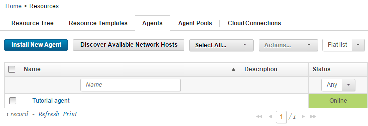 The agent in the list of agents; the Status column shows that the agent is online