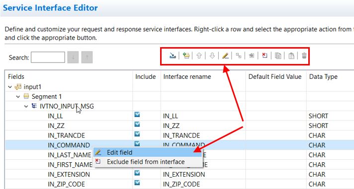 Image shows the service interface editor, where you click the field to edit and then click the edit button. Or right-click the field to edit and select Edit field.