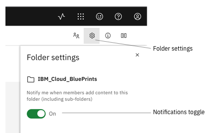This screenshot shows the settings panel (gear icon) for a shared folder, including the notifications on/off toggle.