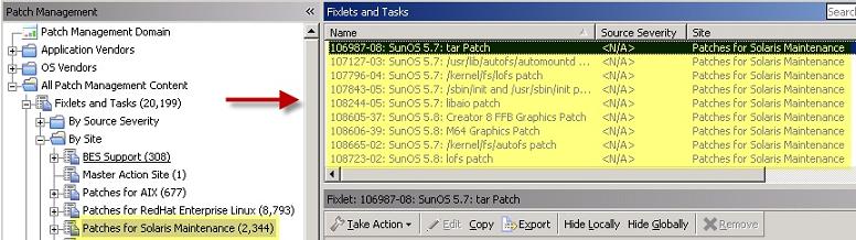 Fixlet and Tasks List panel for the Patches for Solaris Maintenance site