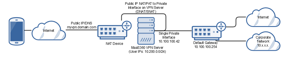 Single interface server with NAT mode or IP forward mode
