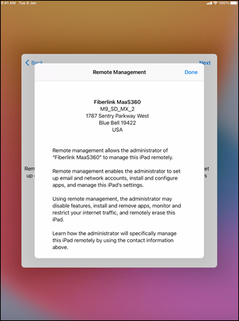 Sample enrollment screen for Shared iPad
