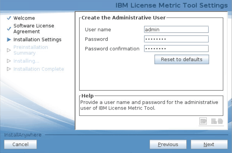 License Metric Tool installation wizard, creating administrative user