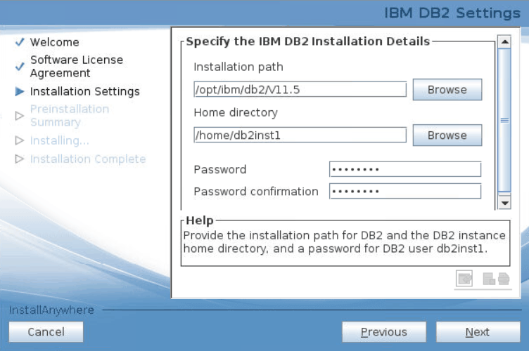License Metric Tool installation wizard, DB2 installation path