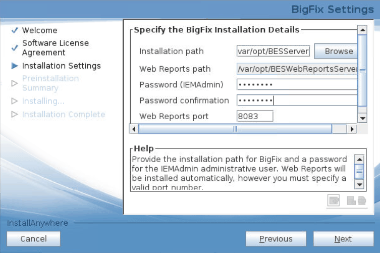 License Metric Tool installation wizard, BigFix installation path