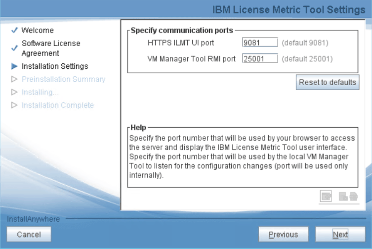 License Metric Tool installation wizard, port number