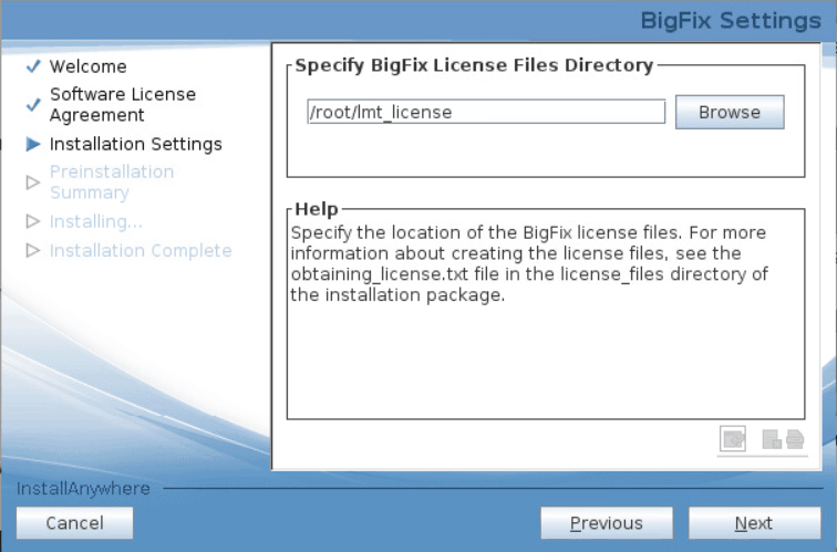 License Metric Tool installation wizard, specifying the license files