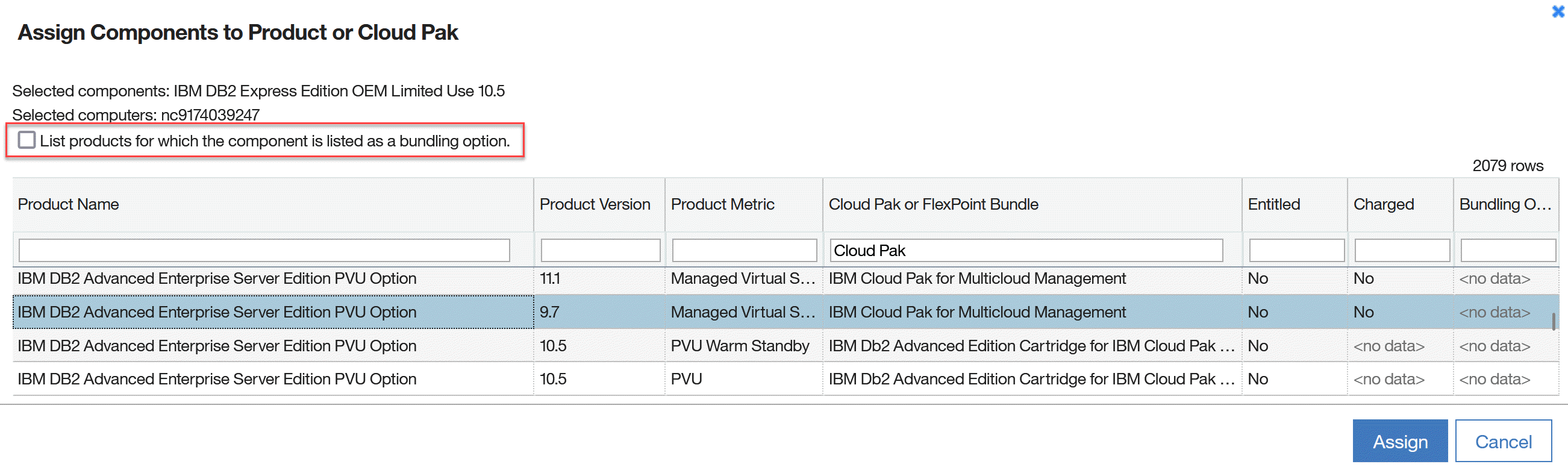 Assigning a component to a product, metric and CloudPak