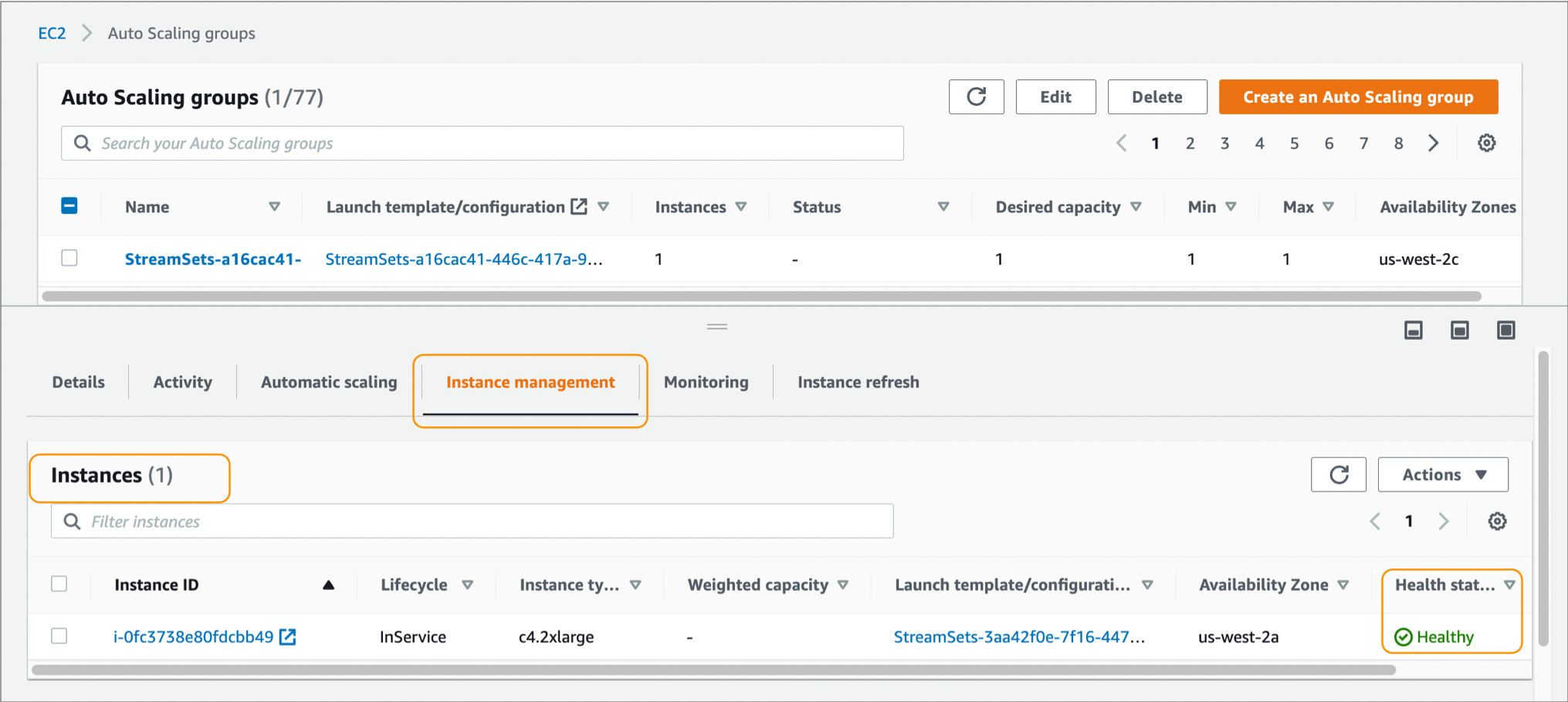 Instance management tab tab that includes one EC2 instance with a Healthy status