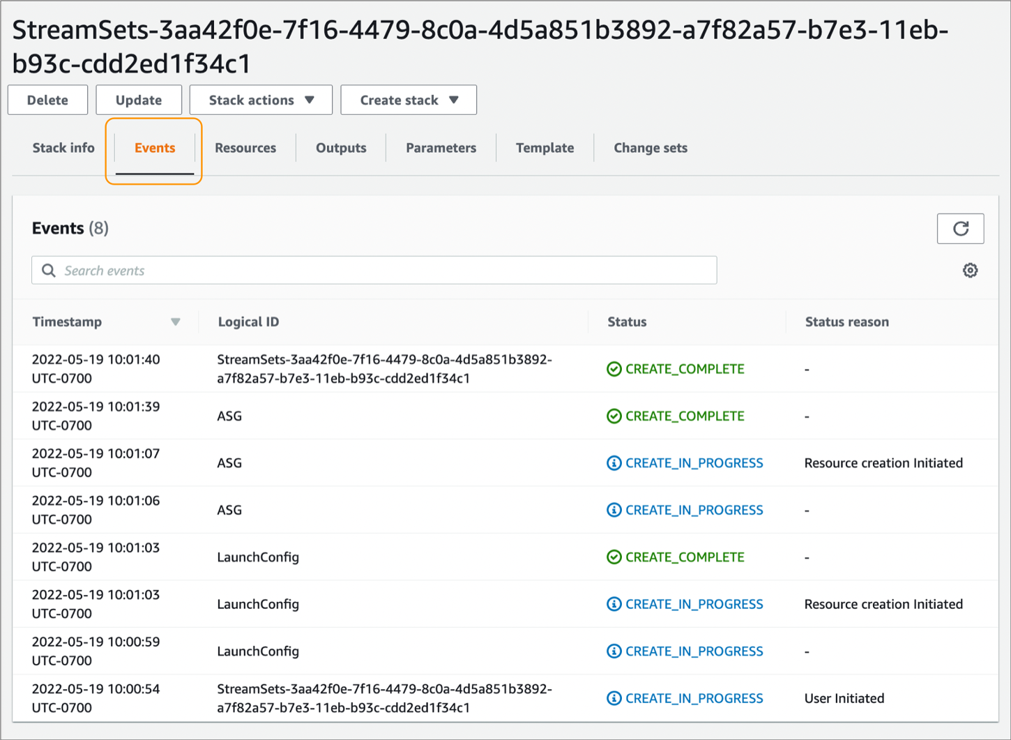 Events tab for a sample CloudFormation stack