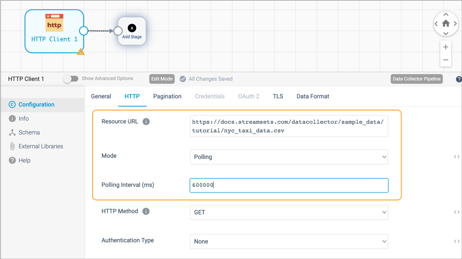 HTTP tab configured to use the polling mode