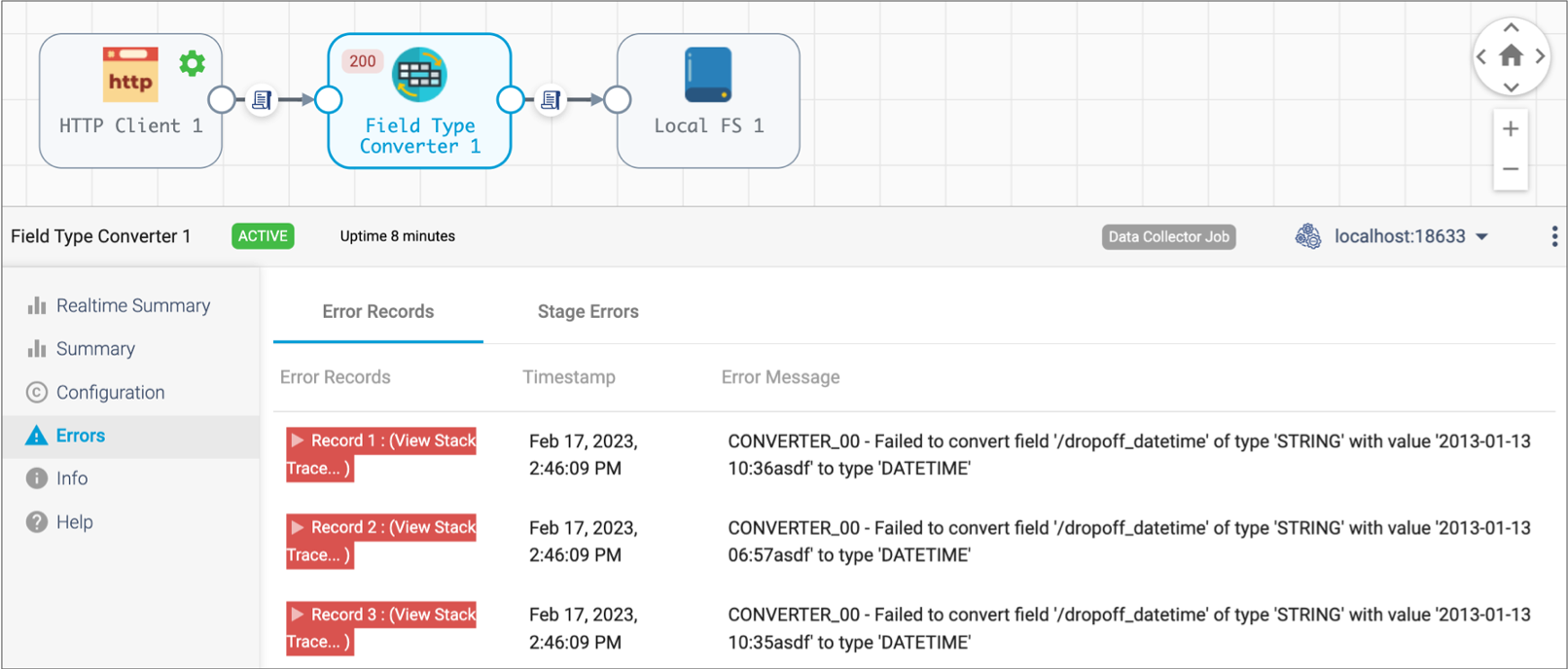 Errors tab displaying an error message for each error record
