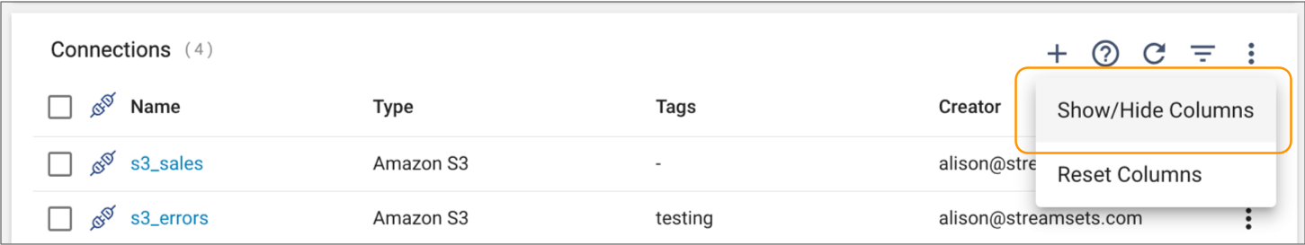 Show/Hide Columns selected from More menu
