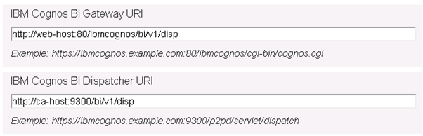 Screenshot of IBM Cognos BI Gateway URI and IBM Cognos BI Dispatcher URI