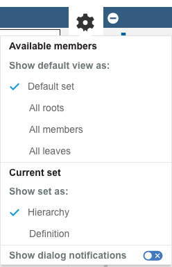Setting menu which enables you to configure the default view settings, and whether to show the set as hierarchy or as an MDX definition