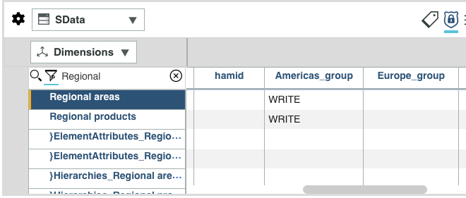 Settings editor, with Write access applied to Regional areas and Regional products dimensions for the Americas_group