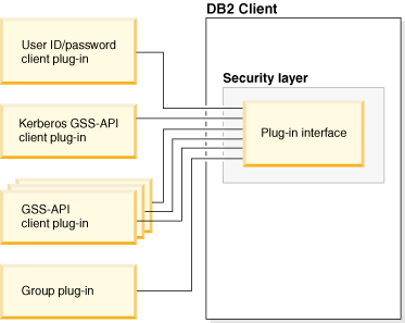 The Db2 client has a plug-in interface that can accept user ID/password, Kerberos, GSS-API, and Group client plug-ins.