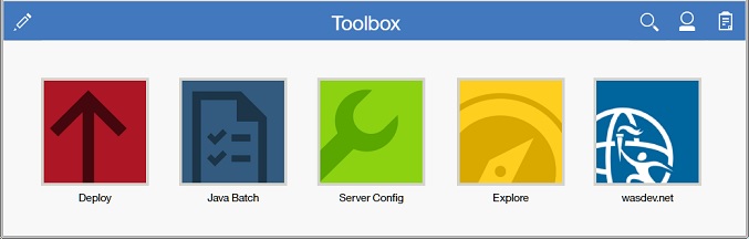 An example screen image of The Toolbox menu contains options for Deploy, Java Batch, Server Config, Explore, and wasdev/net