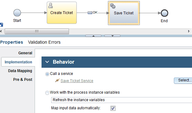 The implementation properties of the client-side service that shows it calling the server-side service that does the data validation