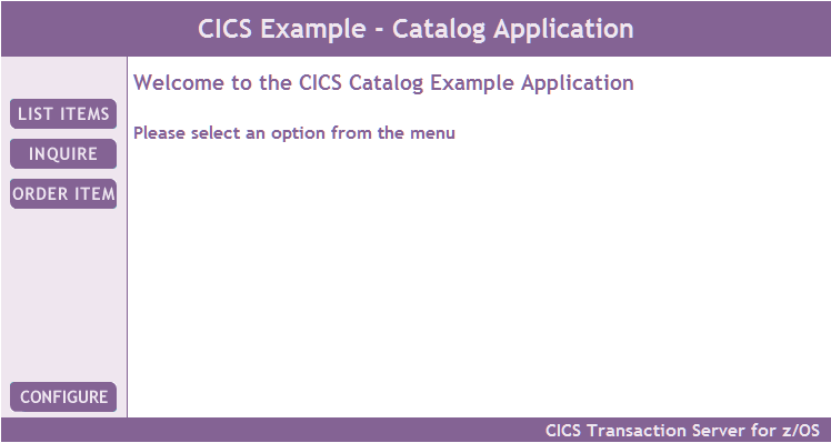 WELCOME page for the CICS Example Application