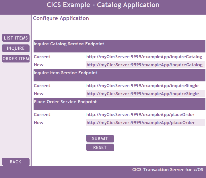 CONFIGURATION page for the CICS Example Application