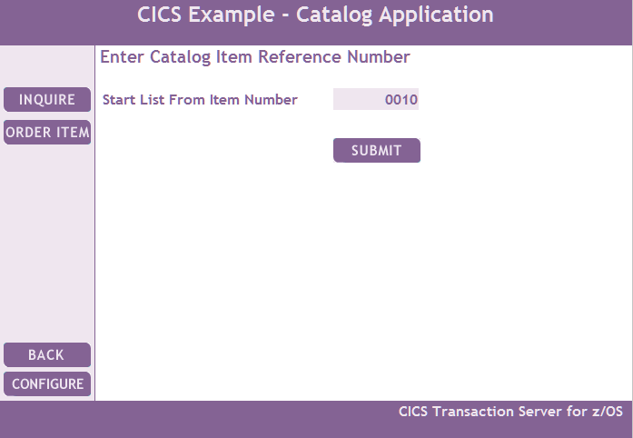 INQUIRE page for the CICS Example Application