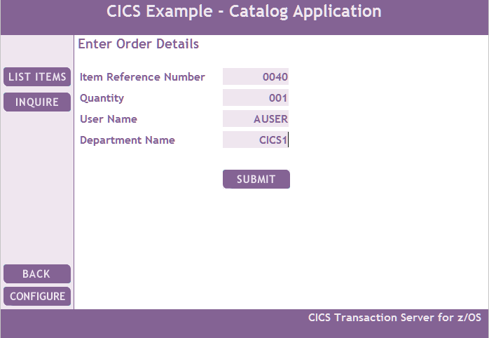 ORDER DETAILS page for the CICS Example Application