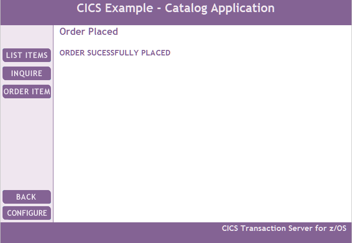 ORDER CONFIRMATION page for the CICS Example Application