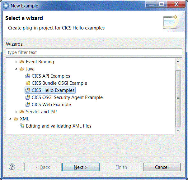 Screen capture, showing the wizard with examples available in the Java folder.