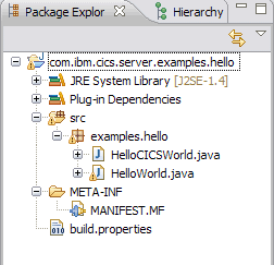 Screen capture of the Package Explorer view with the Hello World example project expanded.
