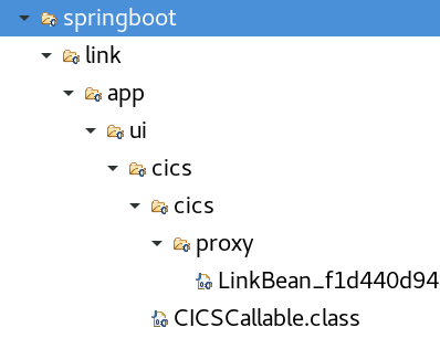 The class with the @CICSProgram annotation is in the package springboot.link.app.ui.cics, and the annotation processor generates the proxy class in springboot.link.app.ui.cics.cics.proxy