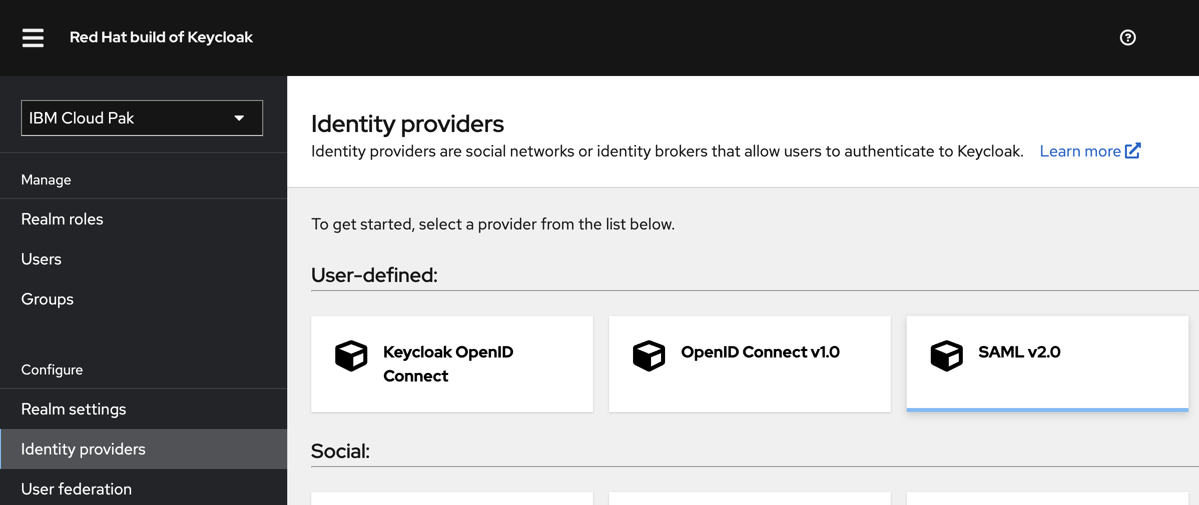 In the Identity providers panel, click the SAML v2.0 tile