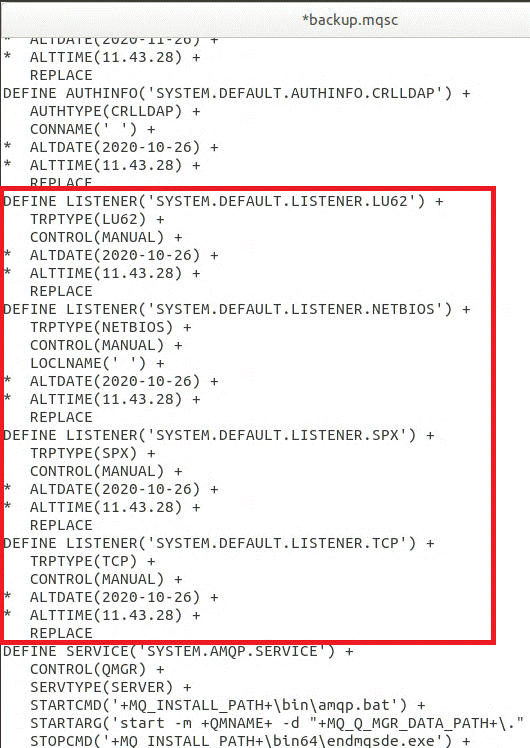 A screen capture of the backup.mqsc code, showing the DEFINE LISTENER sections.