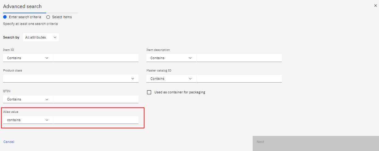 Screen capture of the Create order > Advanced search modal