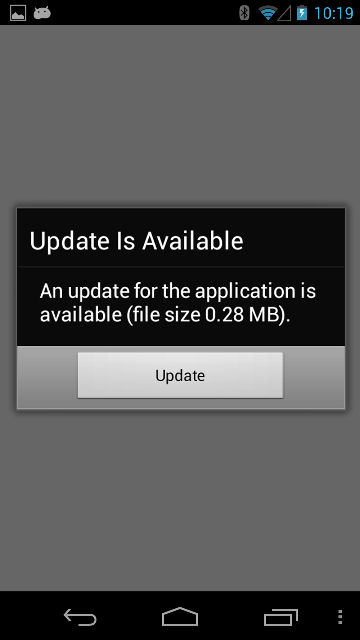 Download of newly deployed resources to Android is available. An Update Is Available dialog opens.