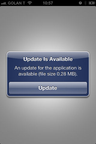 Download of newly deployed resources to iOS is available. An Update Is Available dialog opens.