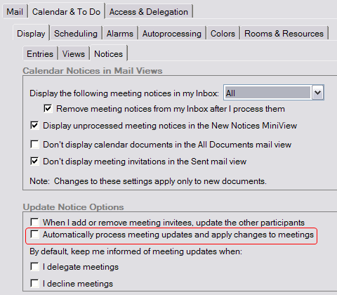 Calendar preferences dialog with Automatic Update notice option highlighted