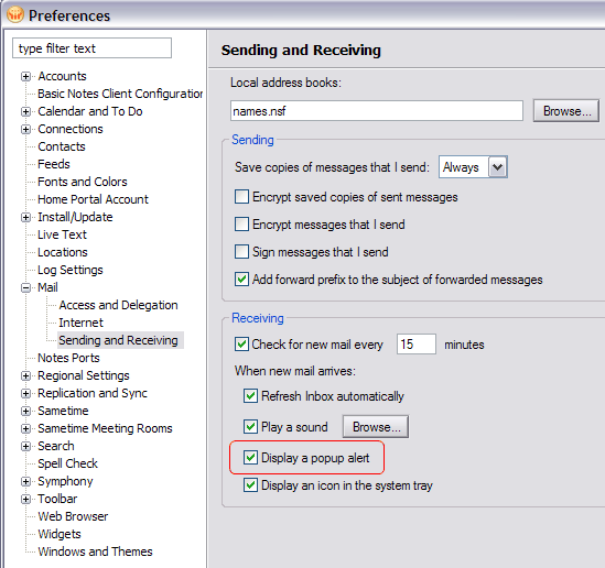 Sending and Receiving preferences page