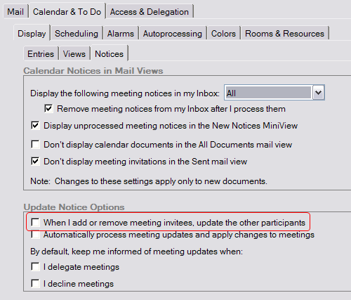 Calendar preferences dialog with Update notice option highlighted