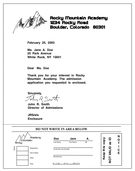 This figure shows a form letter. The letter has a logo and the name and address of the company (Rocky Mountain Academy) on the top. The body of the letter is typed, with a printed signature. The bottom part of the letter is meant to be torn off. It has a simple logo, a bar code, lines to put a name and address, and some text in a box.