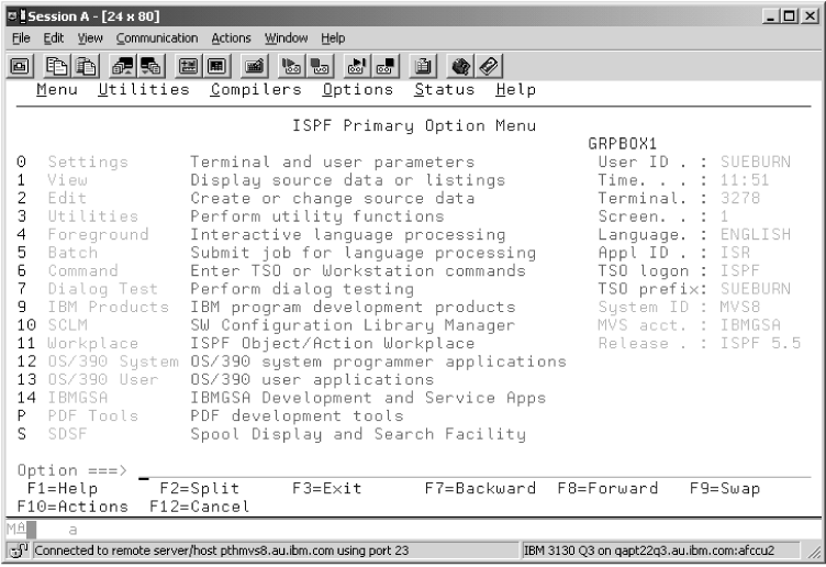 ISPF Primary Option Menu Displayed on a 3270 Emulator