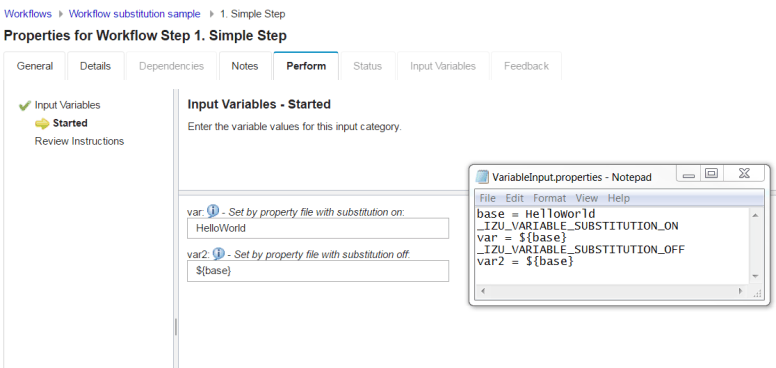 Image showing how variable substitution in the workflow variable input file works with the Workflows task Step Perform wizard.